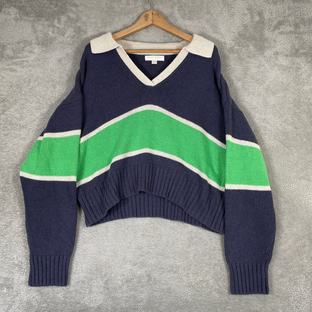 Spiritual Gangster Robyn Henley Sweater Womens XL Blue Green Stripe Merino Wool